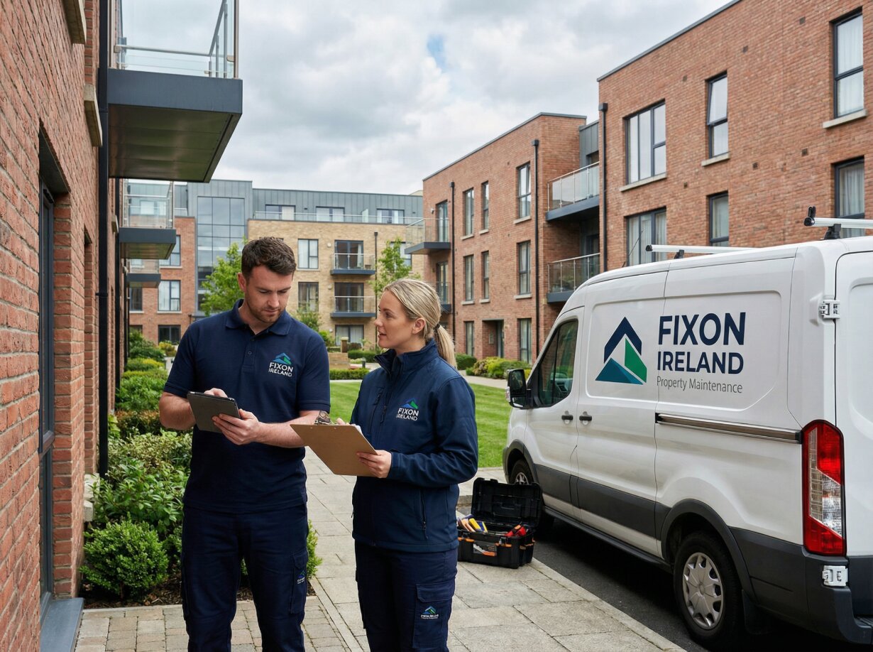 Fixon Ireland team reviewing property maintenance work outside residential apartments